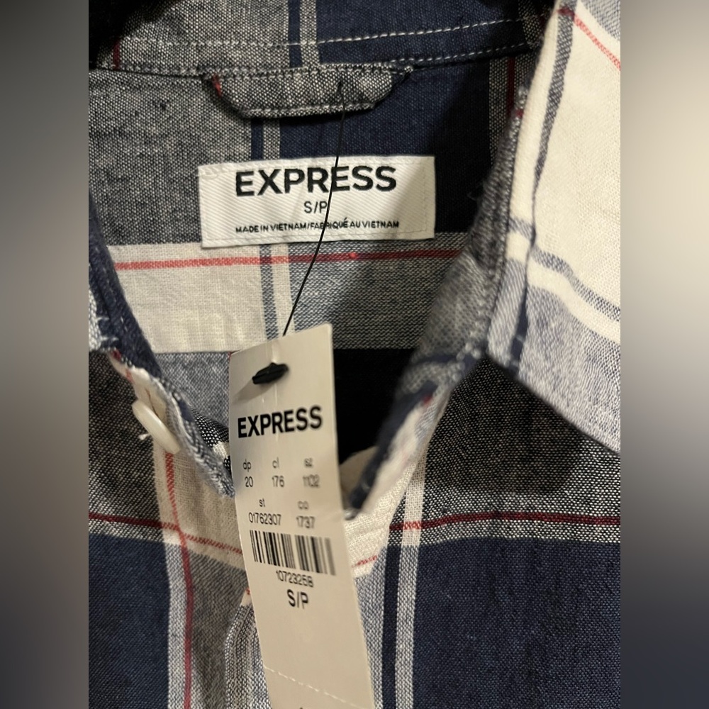 EXPRESS NWT Mens Plaid Linen/Cotton Blend Double Pocket Shirt Small